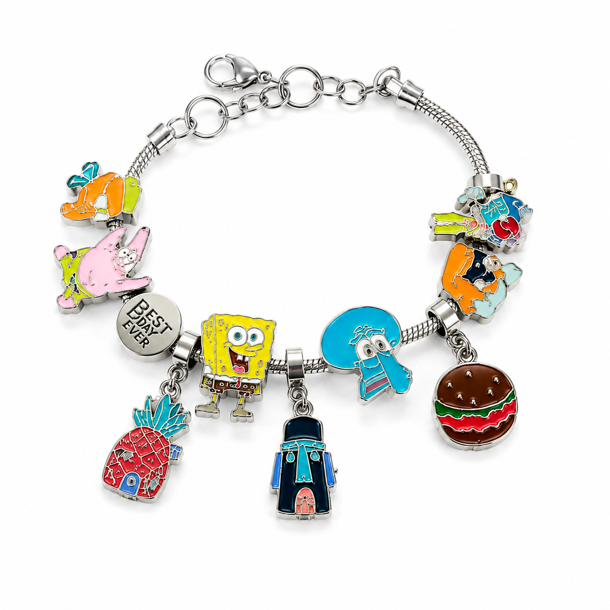 SpongeBob SquarePants Charm Bracelet – Colorful Cartoon Character Dangle Bracelet with Patrick, Squidward & Bikini Bottom Charms, 2 Styles