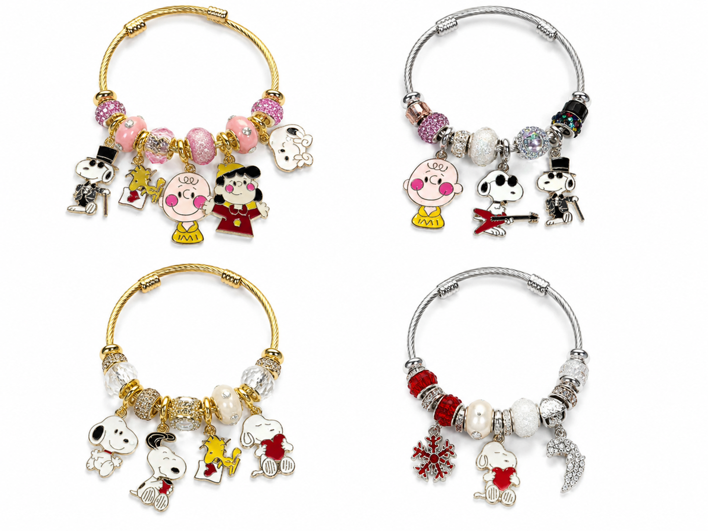 Peanuts Snoopy Charm Bangle Bracelet – Cute Crystal Beaded Bracelet with Charlie Brown, Lucy, Woodstock & Dangle Charms, 4 Unique Styles
