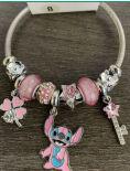 Disney Stitch Angel Charm Bracelet – Pink Crystal Beaded Bracelet with Cute Character Dangle Charms, Silver & Gold-Tone, 5 Unique Styles