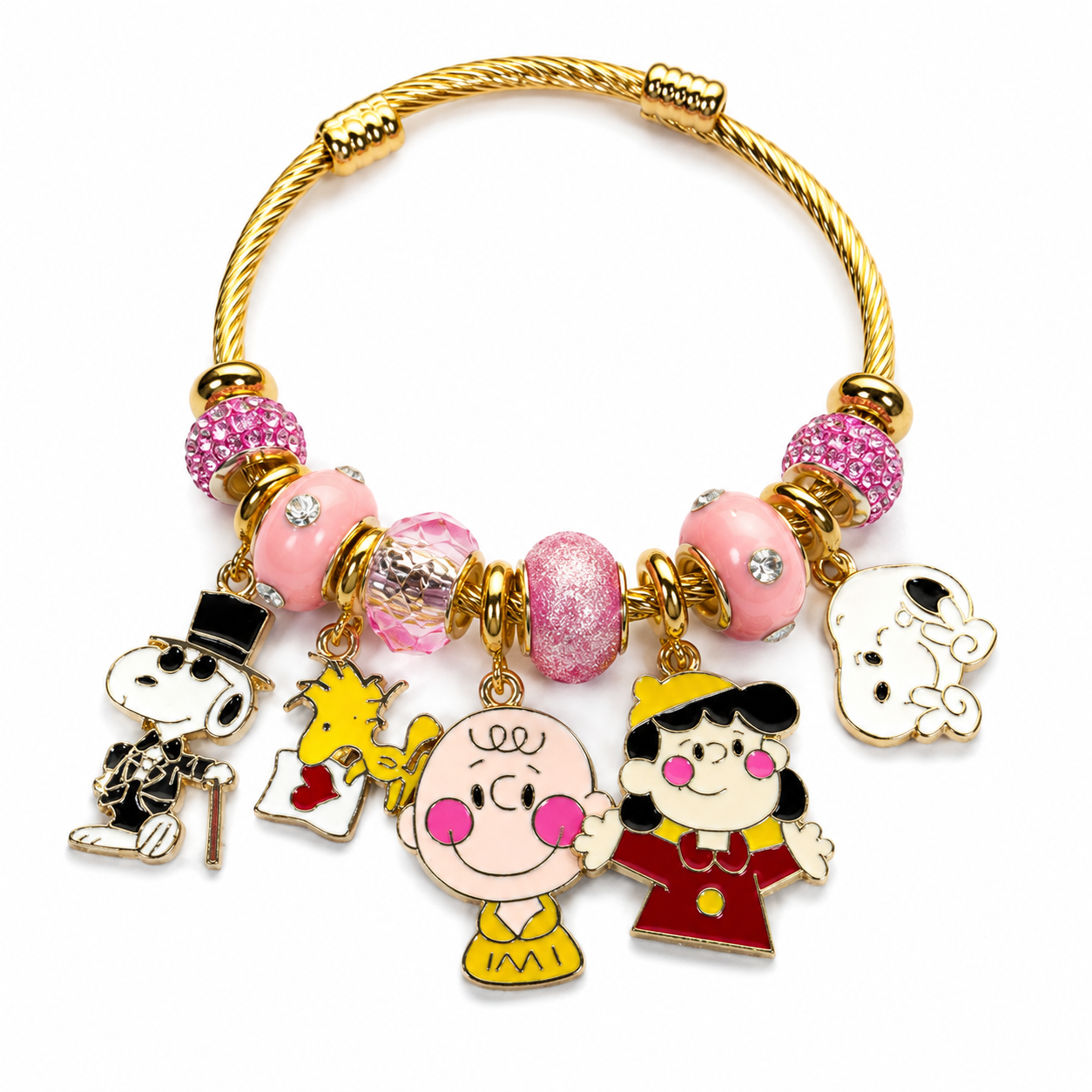 Peanuts Snoopy Charm Bangle Bracelet – Cute Crystal Beaded Bracelet with Charlie Brown, Lucy, Woodstock & Dangle Charms, 4 Unique Styles