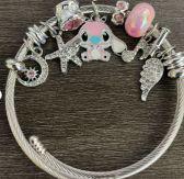 Disney Stitch Angel Charm Bracelet – Pink Crystal Beaded Bracelet with Cute Character Dangle Charms, Silver & Gold-Tone, 5 Unique Styles