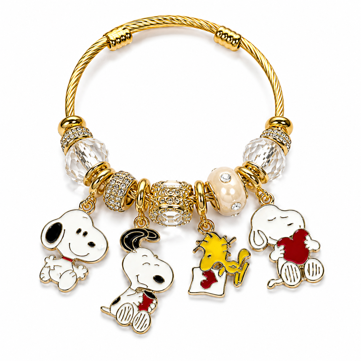 Peanuts Snoopy Charm Bangle Bracelet – Cute Crystal Beaded Bracelet with Charlie Brown, Lucy, Woodstock & Dangle Charms, 4 Unique Styles