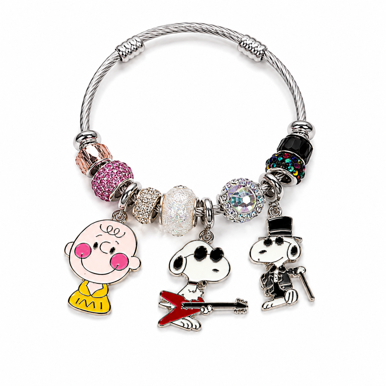 Peanuts Snoopy Charm Bangle Bracelet – Cute Crystal Beaded Bracelet with Charlie Brown, Lucy, Woodstock & Dangle Charms, 4 Unique Styles