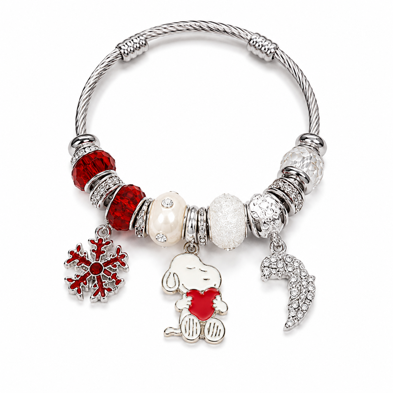 Peanuts Snoopy Charm Bangle Bracelet – Cute Crystal Beaded Bracelet with Charlie Brown, Lucy, Woodstock & Dangle Charms, 4 Unique Styles
