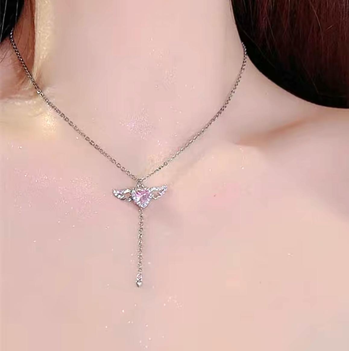 Cupid Angel Wings Love Non Natural Crystal Necklace for Women Pull the Chain Wings Will Fly Versatile Moving Small Wings Clavicle Chain