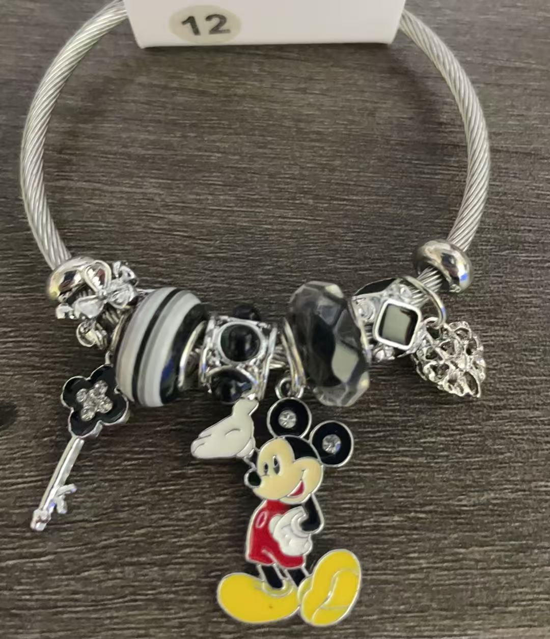 Disney Mickey Mouse Charm Bangle Bracelet – Cute Crystal Beaded Bracelet with Colorful Character Dangle Charms, Gold & Silver Tone, 4 Unique Styles