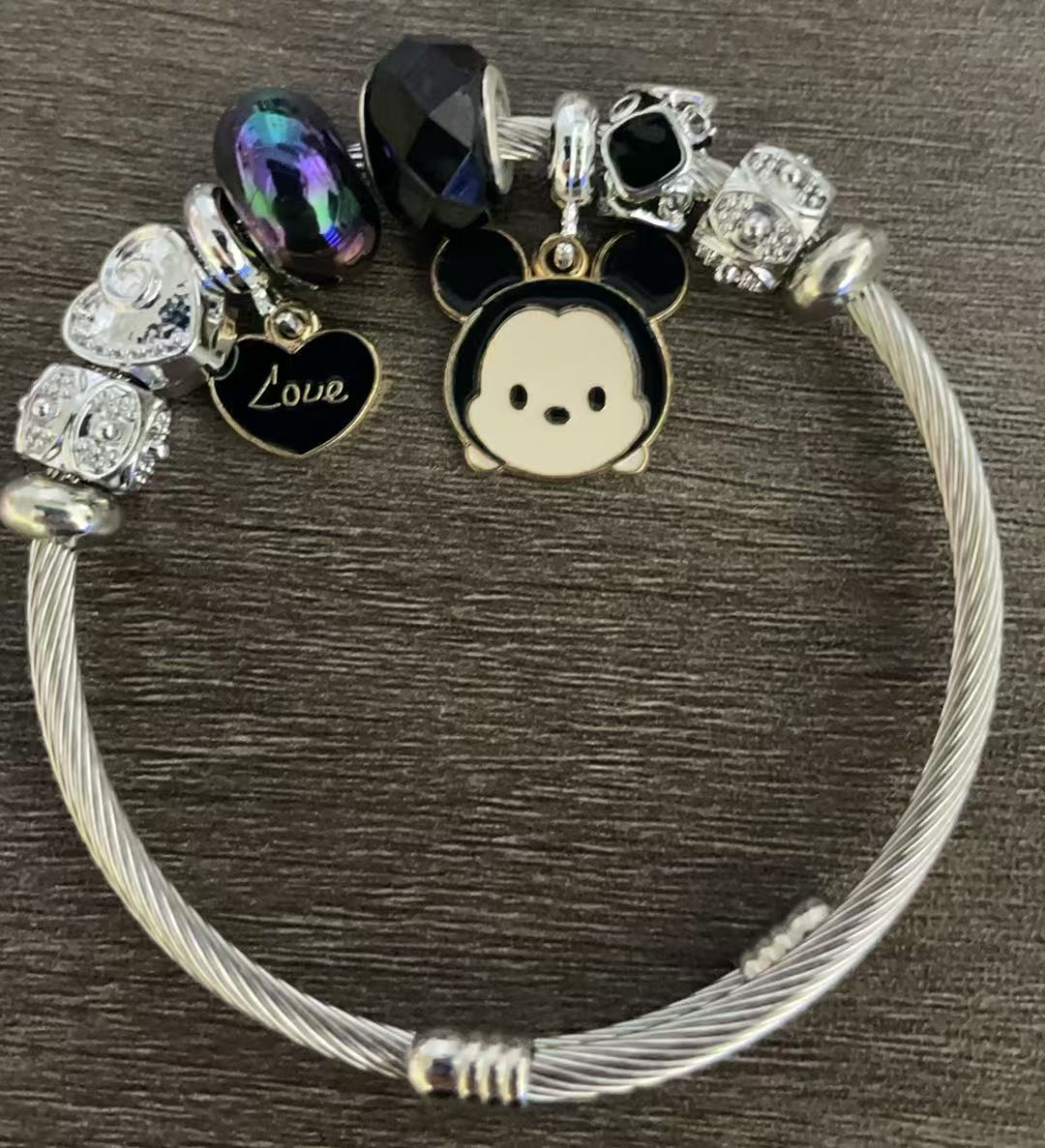 Disney Mickey Mouse Charm Bangle Bracelet – Cute Crystal Beaded Bracelet with Colorful Character Dangle Charms, Gold & Silver Tone, 4 Unique Styles