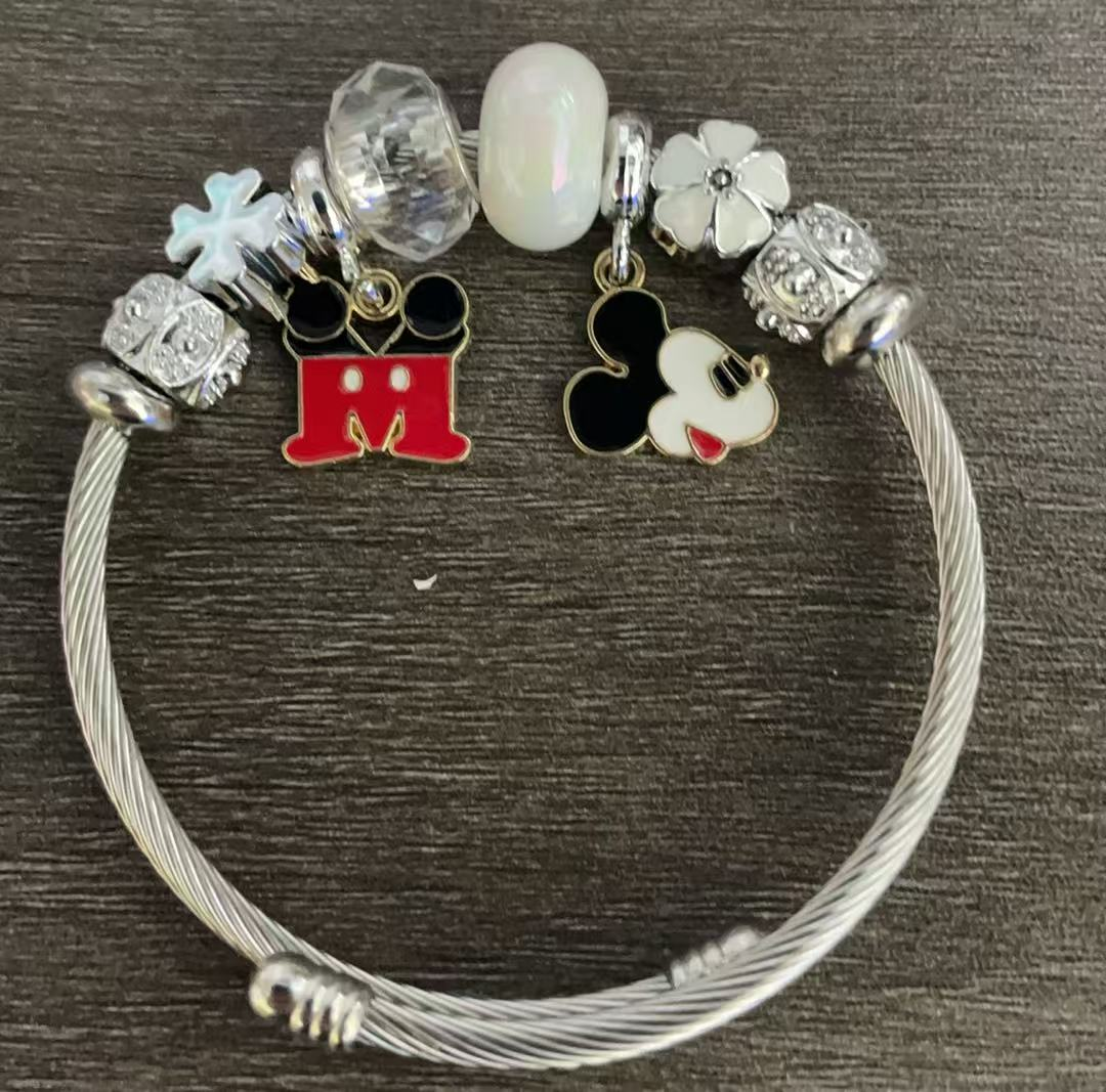 Disney Mickey Mouse Charm Bangle Bracelet – Cute Crystal Beaded Bracelet with Colorful Character Dangle Charms, Gold & Silver Tone, 4 Unique Styles