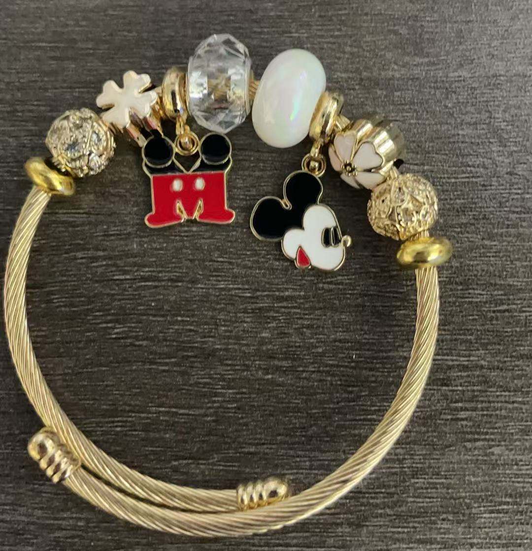 Disney Mickey Mouse Charm Bangle Bracelet – Cute Crystal Beaded Bracelet with Colorful Character Dangle Charms, Gold & Silver Tone, 4 Unique Styles