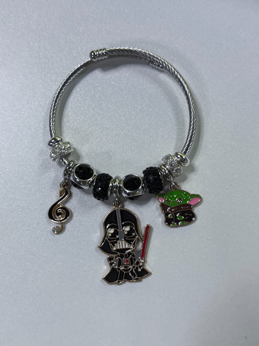 Star Wars Darth Vader & Grogu Charm Bangle Bracelet – Black Crystal Beaded Silver-Tone Bracelet with Character & Music Note Dangle Charms