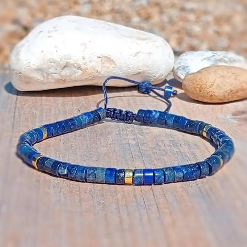 Blue Friendship Bracelet Blue Lapis Lazuli Stone Bracelet Healing Crystal Barrel Gemstone Dainty Bracelet Handmade Minimalist Style Gift for her