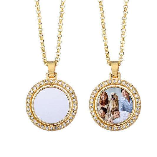 Diamond double-sided rotating patch metal jewelry necklace circular pendant can be customized with any picture as a gift for loved ones family and friends