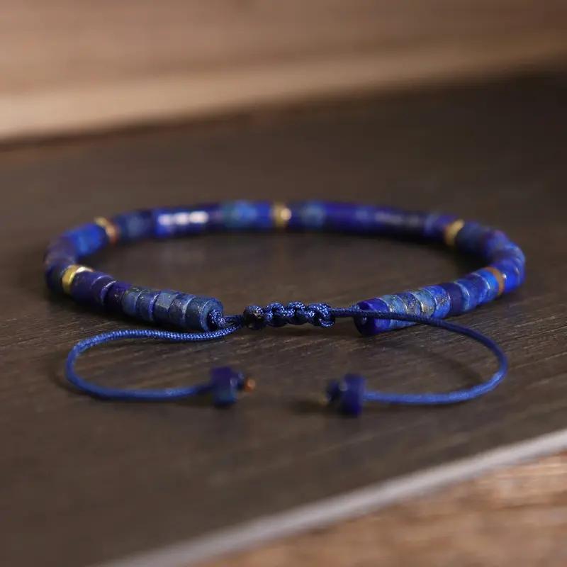 Blue Friendship Bracelet Blue Lapis Lazuli Stone Bracelet Healing Crystal Barrel Gemstone Dainty Bracelet Handmade Minimalist Style Gift for her