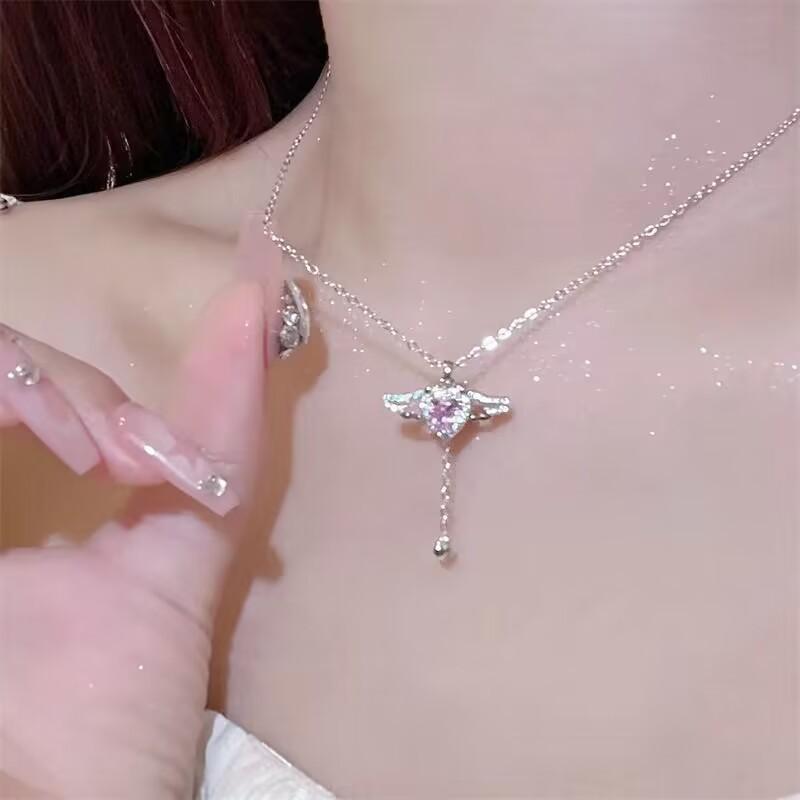 Cupid Angel Wings Love Non Natural Crystal Necklace for Women Pull the Chain Wings Will Fly Versatile Moving Small Wings Clavicle Chain