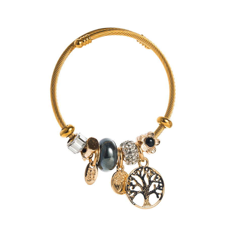 Tree of Life Charm Bracelet - Golden Wire Bangle with Nature - Inspired Accents