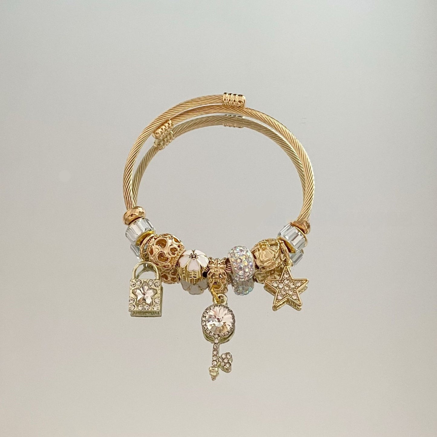 Star & Key Pendant Bracelet -Gold or Silver Plated Adjustable Chain with Diamond Accents Gift for Her Worry Stone