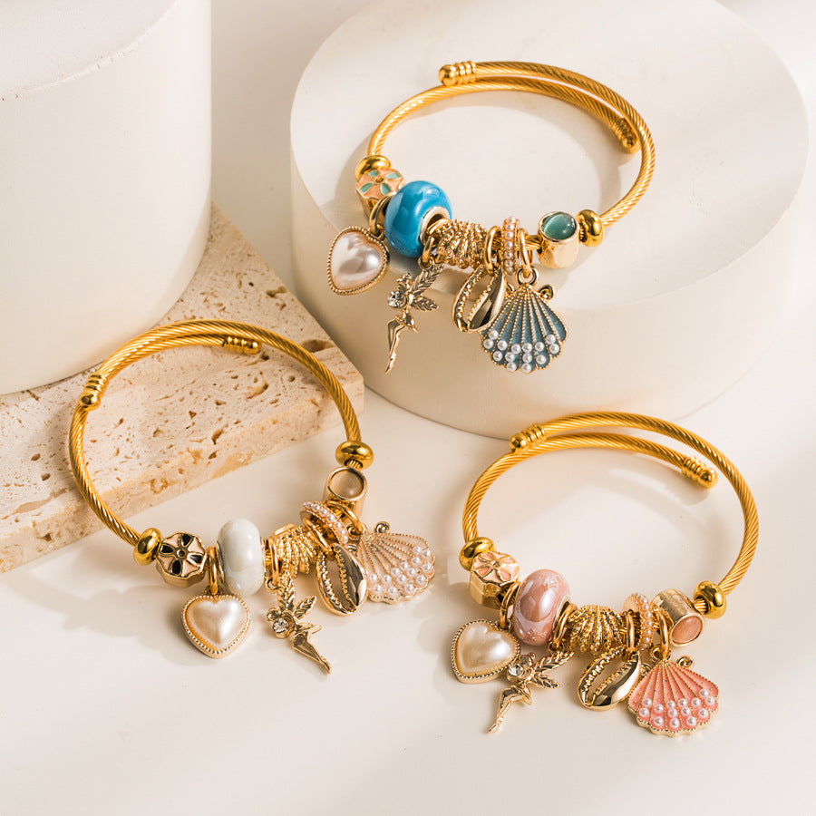 Pearl Shell Tinkle Bell Gold Plating Adjustable Bracelet
