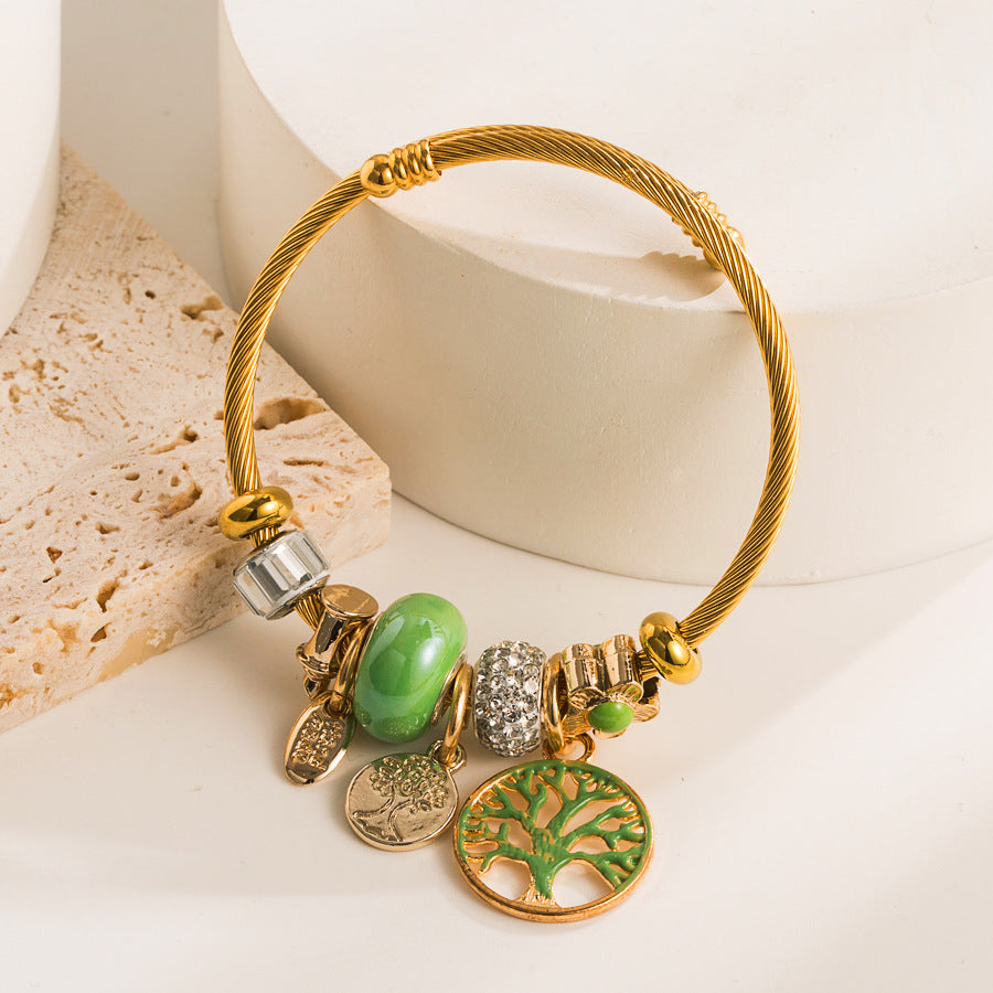 Tree of Life Charm Bracelet - Golden Wire Bangle with Nature - Inspired Accents
