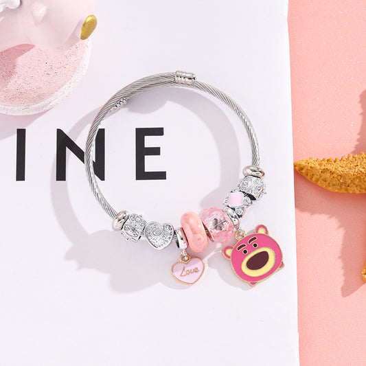 Lotso - Themed Charm Silver-plated Bracelet: Sweet Pink Bear Magic