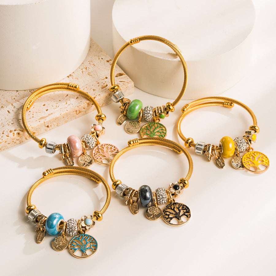 Tree of Life Charm Bracelet - Golden Wire Bangle with Nature - Inspired Accents