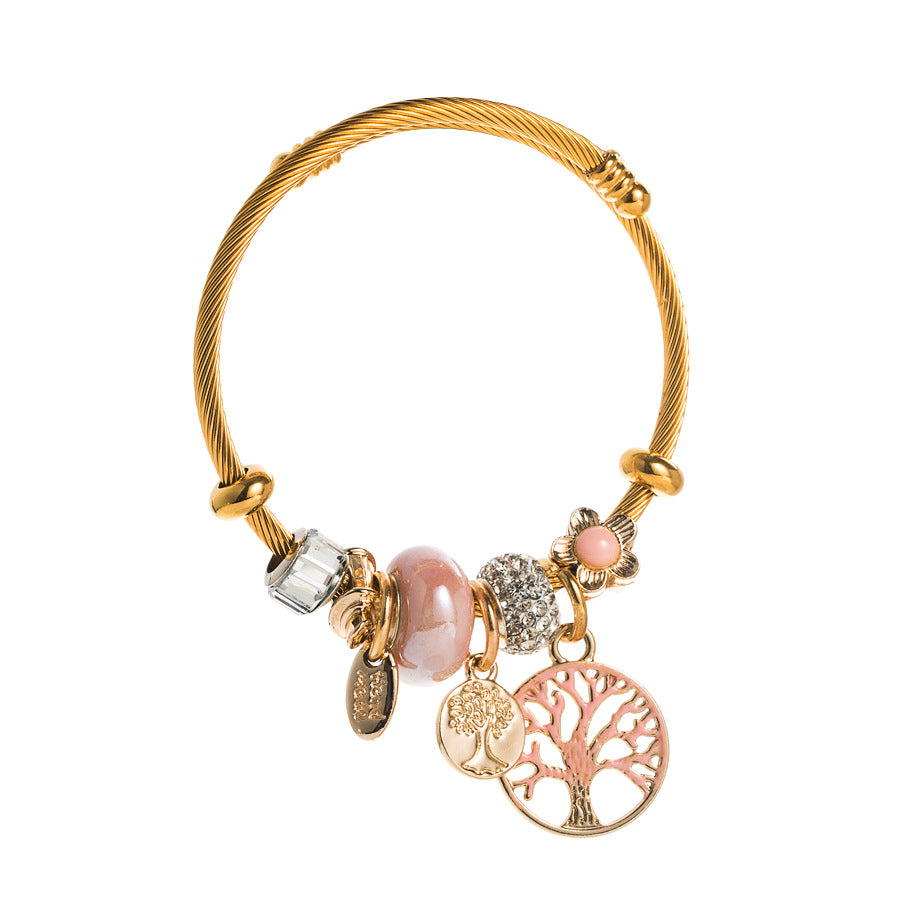 Tree of Life Charm Bracelet - Golden Wire Bangle with Nature - Inspired Accents