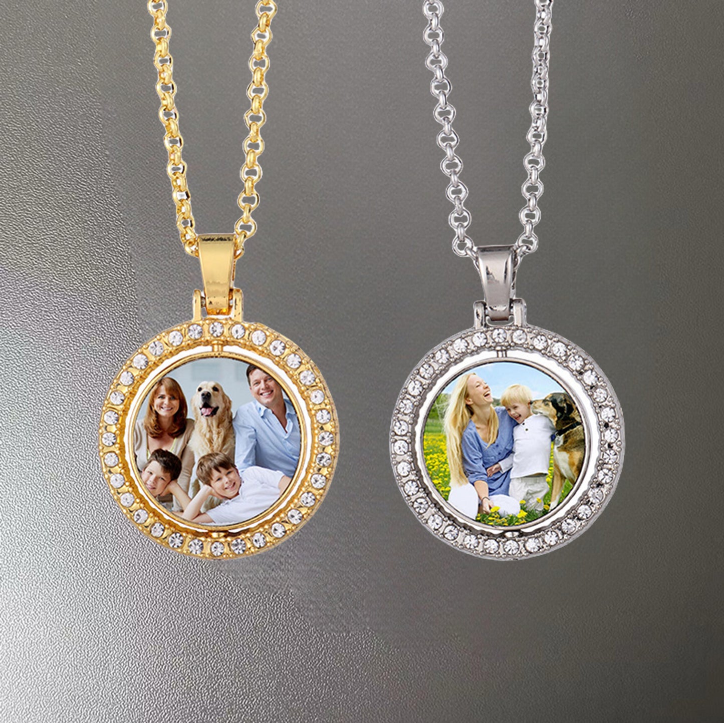 Diamond double-sided rotating patch metal jewelry necklace circular pendant can be customized with any picture as a gift for loved ones family and friends